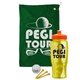 a green towel & orange lid & transparent yellow bottle the tourney - golf kit