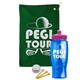 a green towel & pink lid & transparent blue bottle the tourney - golf kit