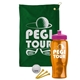 a green towel & pink lid & transparent orange bottle the tourney - golf kit