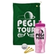 a green towel & pink lid & transparent pink bottle the tourney - golf kit