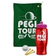a green towel & pink lid & transparent red bottle the tourney - golf kit
