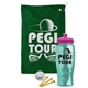 a green towel & pink lid & transparent teal bottle the tourney - golf kit