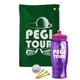 a green towel & pink lid & transparent violet bottle the tourney - golf kit