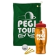 a green towel & red lid & transparent orange bottle the tourney - golf kit
