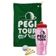 a green towel & red lid & transparent pink bottle the tourney - golf kit