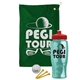 a green towel & red lid & transparent teal bottle the tourney - golf kit