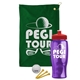 a green towel & red lid & transparent violet bottle the tourney - golf kit