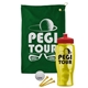 a green towel & red lid & transparent yellow bottle the tourney - golf kit