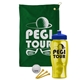 a green towel & royal blue lid & transparent yellow bottle the tourney - golf kit
