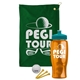 a green towel & teal lid & transparent orange bottle the tourney - golf kit