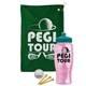 a green towel & teal lid & transparent pink bottle the tourney - golf kit