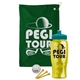 a green towel & teal lid & transparent yellow bottle the tourney - golf kit