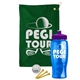 a green towel & violet lid & transparent blue bottle the tourney - golf kit