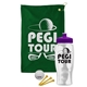 a green towel & violet lid & clear bottle the tourney - golf kit