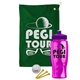a green towel & violet lid & transparent hot pink bottle the tourney - golf kit