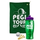 a green towel & violet lid & transparent green bottle the tourney - golf kit