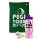 a green towel & violet lid & transparent pink bottle the tourney - golf kit