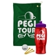 a green towel & violet lid & transparent red bottle the tourney - golf kit