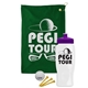 a green towel & violet lid & white bottle the tourney - golf kit
