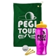 a green towel & yellow lid & transparent hot pink bottle the tourney - golf kit
