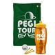 a green towel & yellow lid & transparent orange bottle the tourney - golf kit