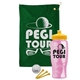 a green towel & yellow lid & transparent pink bottle the tourney - golf kit