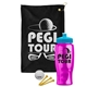 a black towel & cyan lid & transparent hot pink bottle the tourney - golf kit