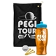 a black towel & cyan lid & transparent orange bottle the tourney - golf kit