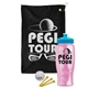 a black towel & cyan lid & transparent pink bottle the tourney - golf kit