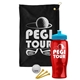 a black towel & cyan lid & transparent red bottle the tourney - golf kit