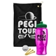 a black towel & green lid & transparent hot pink bottle the tourney - golf kit