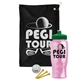 a black towel & green lid & transparent pink bottle the tourney - golf kit