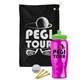 a black towel & lime green lid & transparent hot pink bottle the tourney - golf kit
