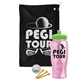a black towel & lime green lid & transparent pink bottle the tourney - golf kit