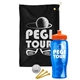 a black towel & orange lid & transparent blue bottle the tourney - golf kit