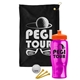 a black towel & orange lid & transparent hot pink bottle the tourney - golf kit