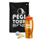a black towel & orange lid & transparent orange bottle the tourney - golf kit