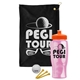 a black towel & orange lid & transparent pink bottle the tourney - golf kit