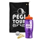a black towel & orange lid & transparent violet bottle the tourney - golf kit