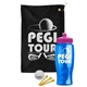 a black towel & pink lid & transparent blue bottle the tourney - golf kit