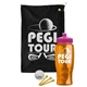 a black towel & pink lid & transparent orange bottle the tourney - golf kit