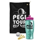a black towel & pink lid & transparent teal bottle the tourney - golf kit