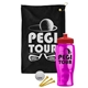a black towel & red lid & transparent hot pink bottle the tourney - golf kit