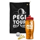 a black towel & red lid & transparent orange bottle the tourney - golf kit