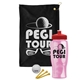 a black towel & red lid & transparent pink bottle the tourney - golf kit
