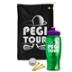 a black towel & violet lid & transparent green bottle the tourney - golf kit
