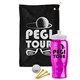 a black towel & white lid & transparent hot pink bottle the tourney - golf kit