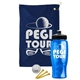 a navy blue towel & black lid & transparent blue bottle the tourney - golf kit