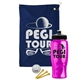 a navy blue towel & black lid & transparent pink bottle the tourney - golf kit