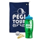 a navy blue towel & cyan lid & transparent green bottle the tourney - golf kit